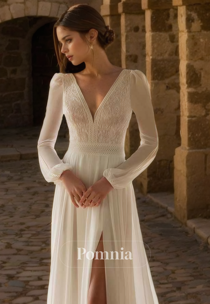 P3172 - Elegant Long Sleeves V-Neck Pleated Long Bohemian Wedding Dress with Slit