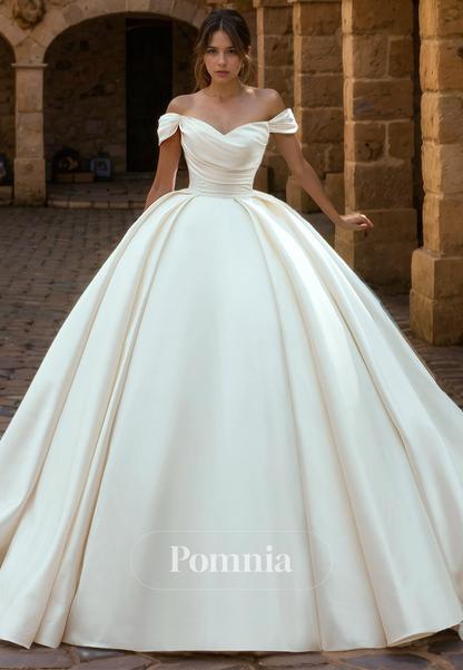 Off-Shoulder Sweetheart Satin Pleated Ball Gown Long Wedding Dress