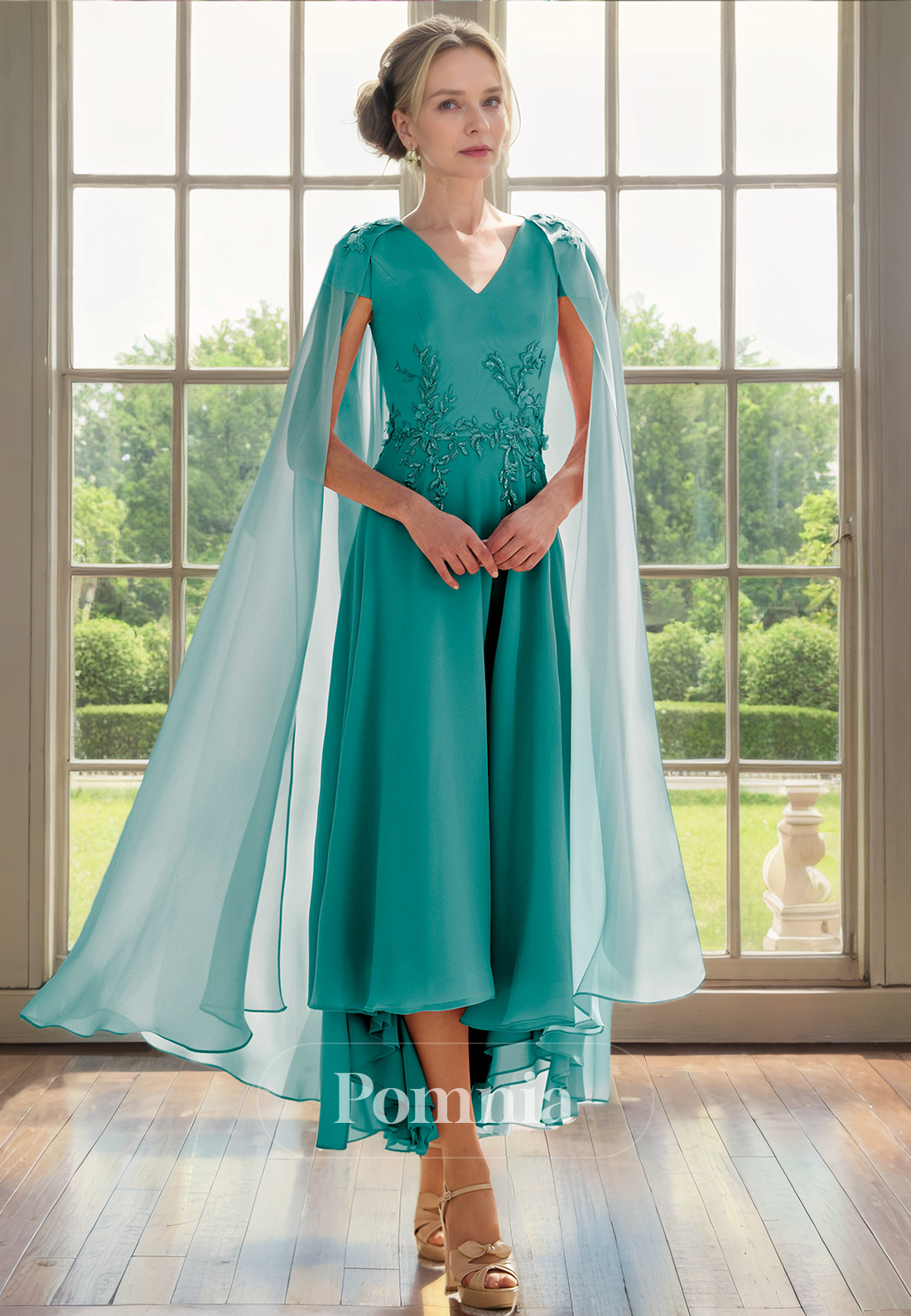 A-Line V-Neck Sleeveless Appliques Pleated Chiffon Empire-Waist Mother of Bride Dress