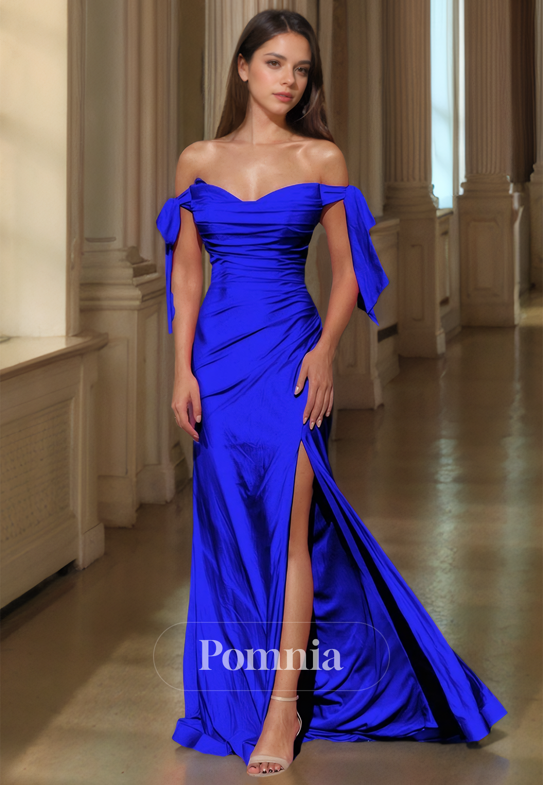 Royal Blue Off-Shoulder Sweetheart Prom Dress with Slit Ruched Evening Party Dress