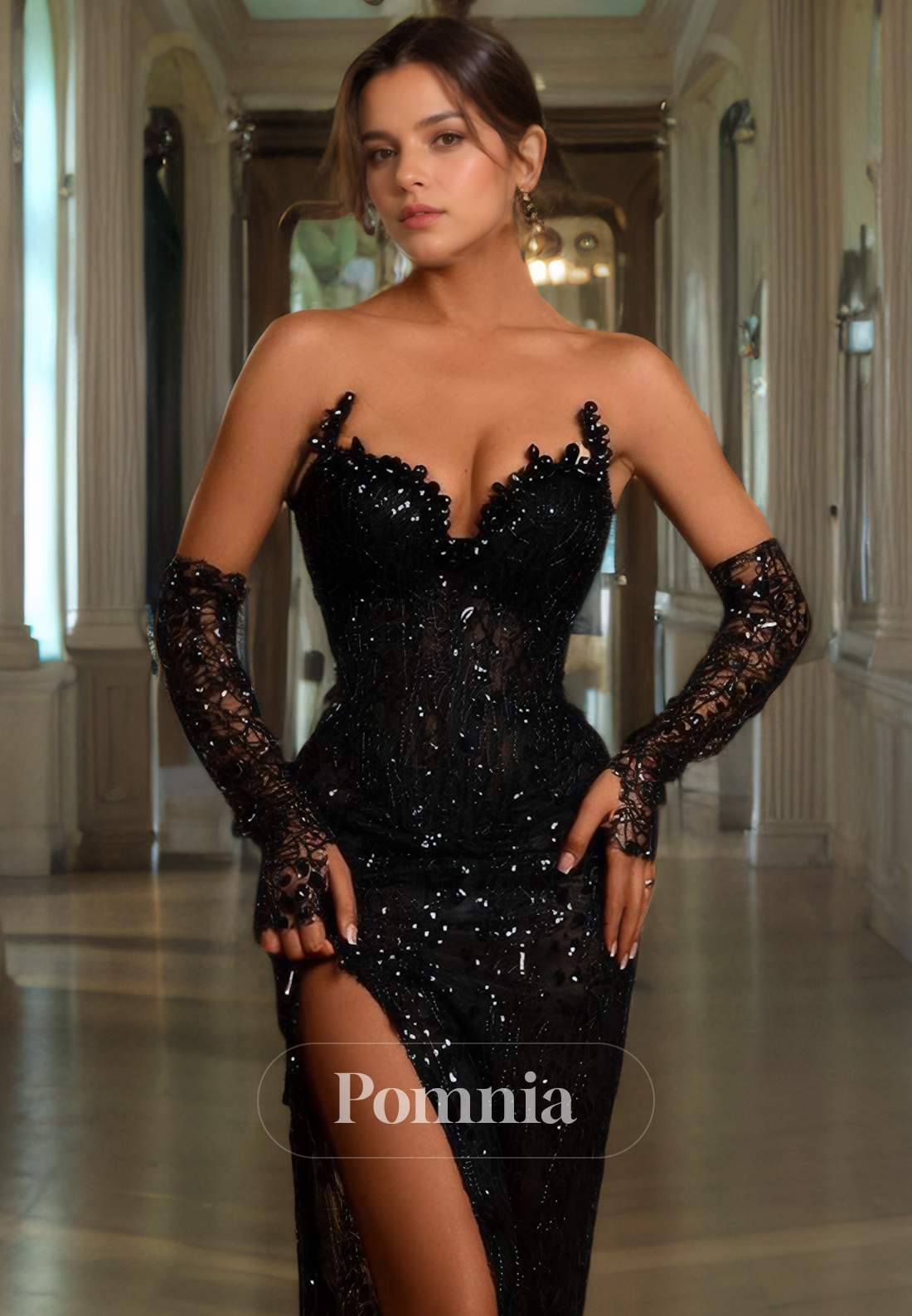 P2057 - Glamorous Strapless V-Neck High Slit Beaded Embroidery Evening Prom Dress