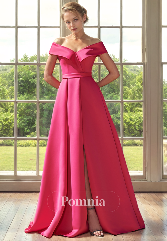 A-Line Off Shoulder Sleeveless Pleated Empire-Waist Mother of Bride Dress with Slit