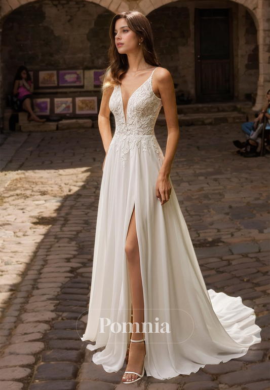 Elegant V-Neck Spaghetti Straps Empire-Waist Side Slit Satin Wedding Dress