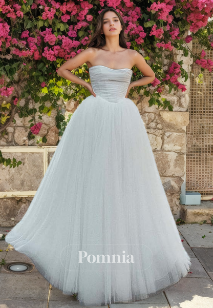 A-Line Strapless Empire-Waist Sleeveless Tulle Long Beach Wedding Dress