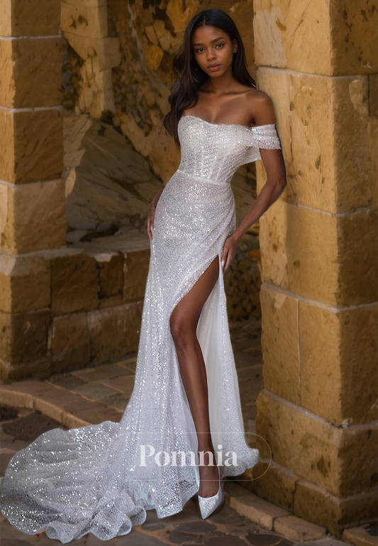 Sparkly Off-Shoulder Corset Tulle Side Slit Romantic Wedding Dress