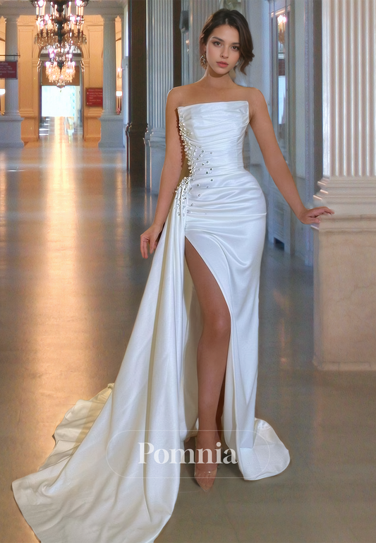 P1632 - Off Shoulder Scoop Beads Side Split Sleeveless Prom Evening Formal Dress