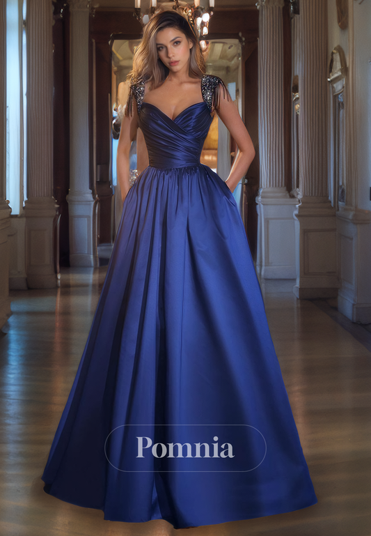 A-Line Empire-Waist Double Straps V-Neck Satin Long Prom Dress with Pockets