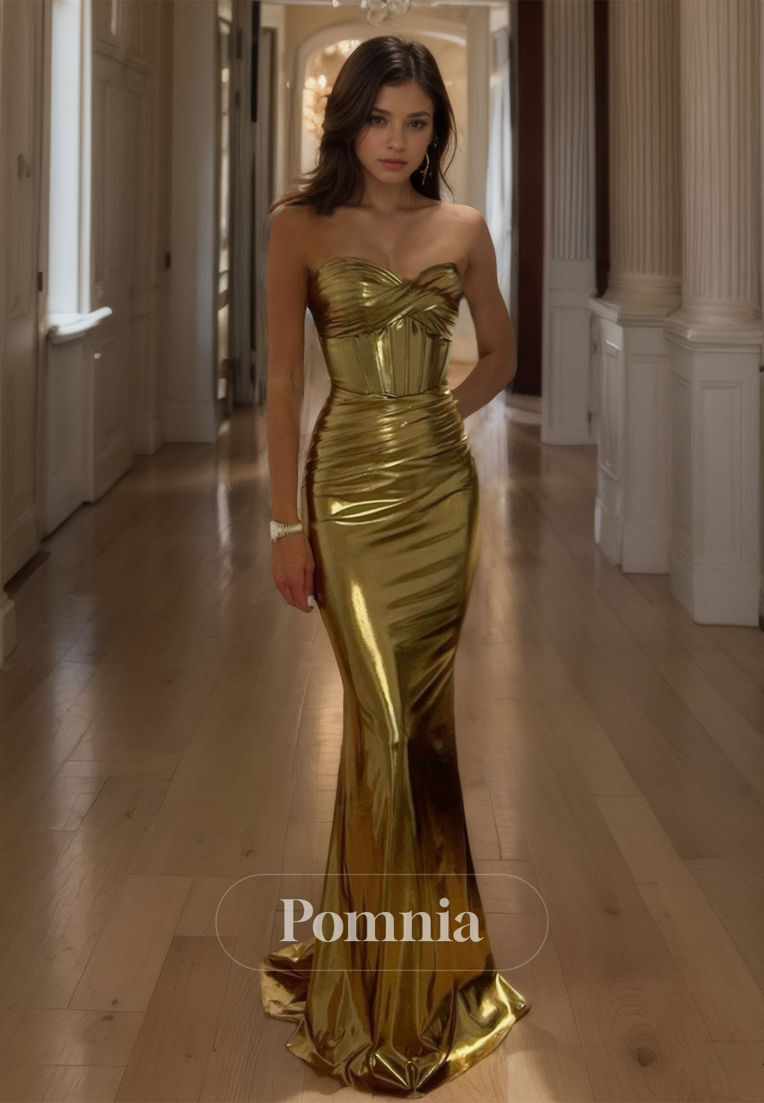 Gold Off-Shoulder Sleeveless Satin Mermaid Floor-Length Prom Party Dress