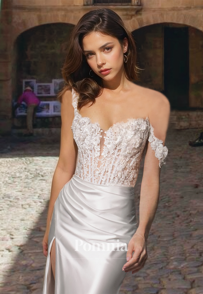 Off-Shoulder Sweetheart Floral Lace Corset Tulle with Side Slit Mermaid Wedding Dress