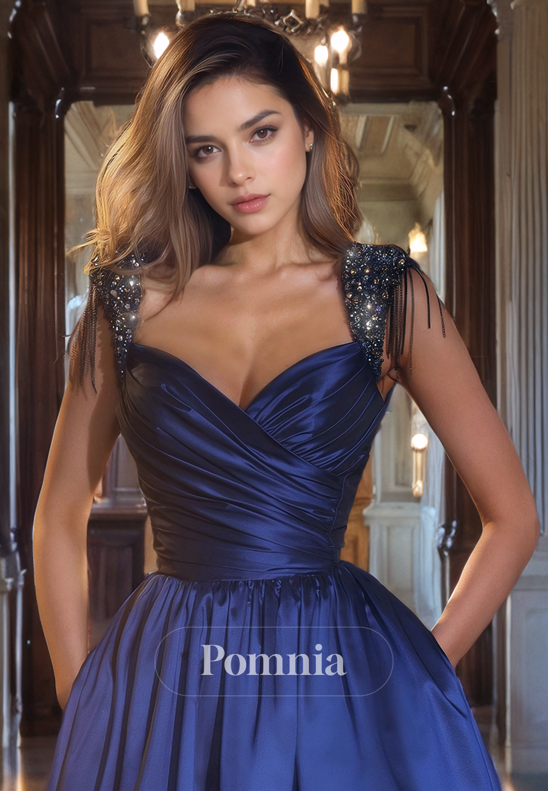 A-Line Empire-Waist Double Straps V-Neck Satin Long Prom Dress with Pockets