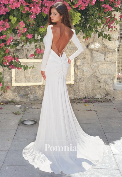 White Mermaid V-Neck Empire-Waist Long Sleeves Backless Beach Wedding Dress