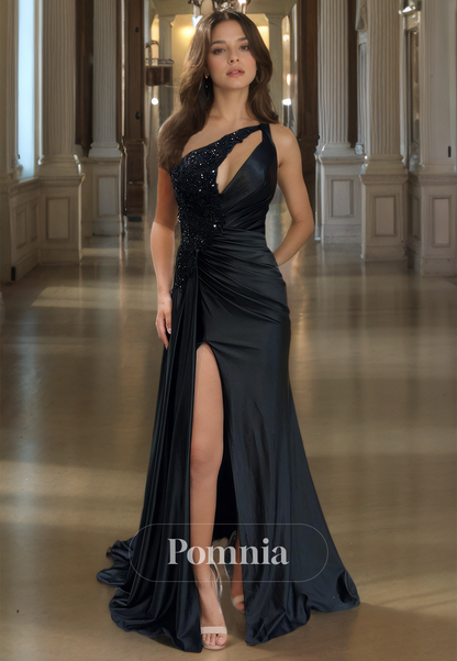 Black Asymmetrical Illusion Evening Party Dress with Slit Beads Prom Party Dress