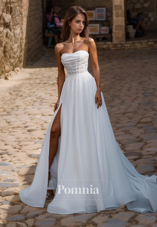 Simple Strapless Sleeveless Corset Side Slit Satin Wedding Dress