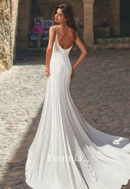 Spaghetti Straps Sweetheart Ruched Blackless Court Train Mermaid Wedding Dress