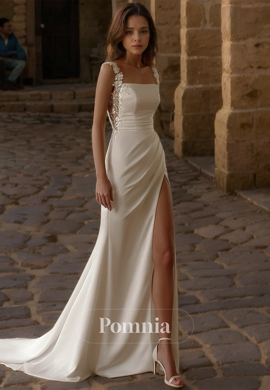 Charming Spaghetti Straps Square Ruched Side Slit Satin Wedding Dress