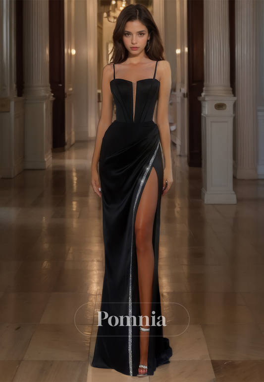 Black Formal Evening Dress with Slit Spaghetti Straps Long Prom Party Dress