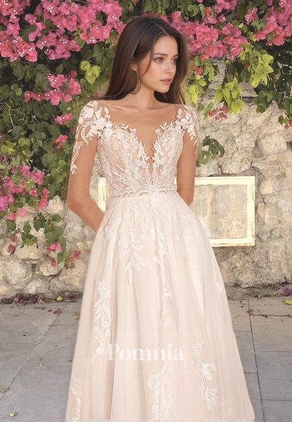 A-Line V-Neck Long Sleeves Illusion Appliques Corset Tulle Floor-Length Lace Wedding Dress