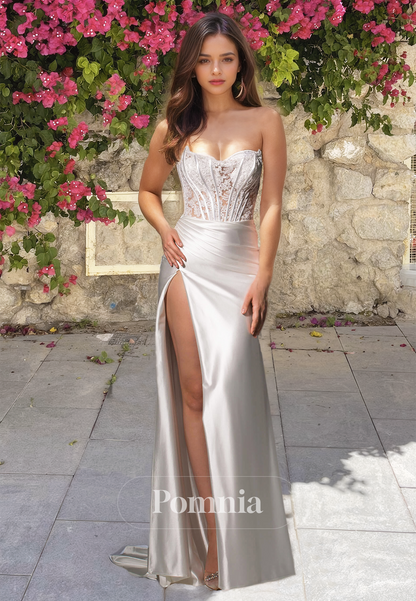 Off-Shoulder Sleeveless Sweetheart Corset Tulle with Side Slit Ruched Mermaid Wedding Dress