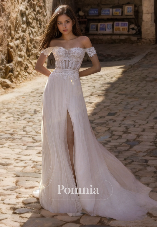 Elegant Cap Sleeves Off-Shoulder Illusion Corset Tulle Slit Lace Wedding Dress