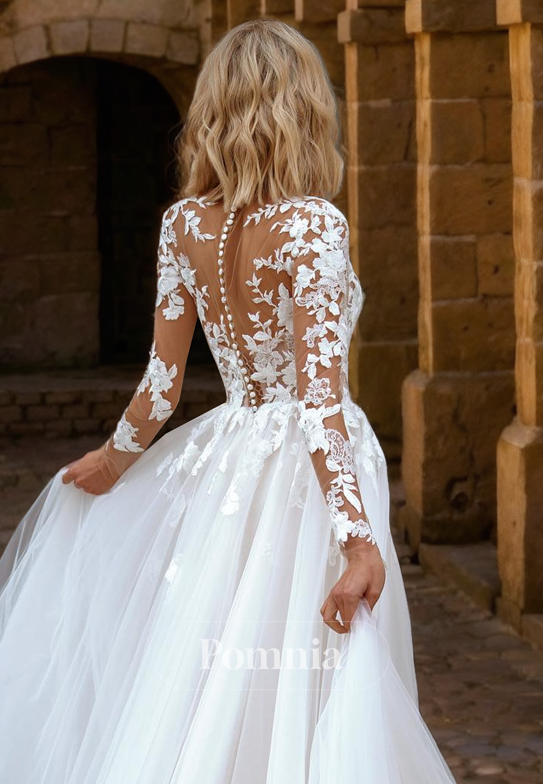 A-Line Empire-Waist Long Sleeves Lace Appliques Long Beach Wedding Dress