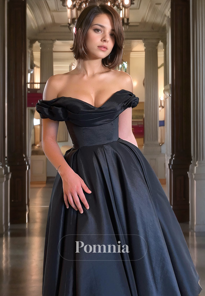 A-Line Off-Shoulder V-Neck Empire-Waist Pleated Satin Knee-Length Prom Party Dress