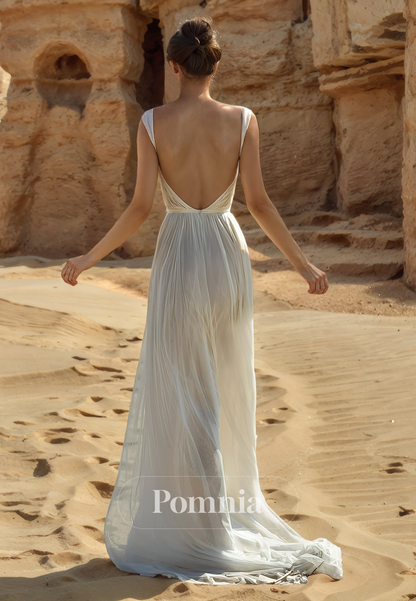 A-Line Straps V-Neck Sleeveless Empire-Waist High Slit Beach Wedding Dress