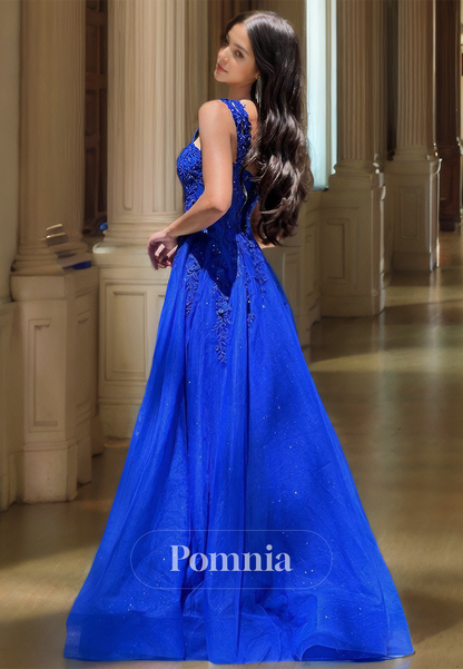 Royal Blue Spaghetti Straps Sweetheart Prom Dress with Train Appliques Evening Party Dress