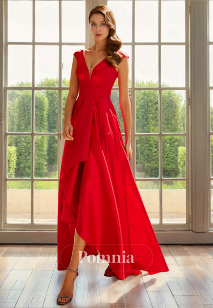 A-Line V-Neck Sleeveless Empire-Waist Satin Long Evening Formal Dress