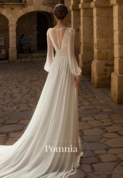 A-Line V-Neck Long Sleeves High Slit Chiffon Empire-Waist Beach Wedding Dress