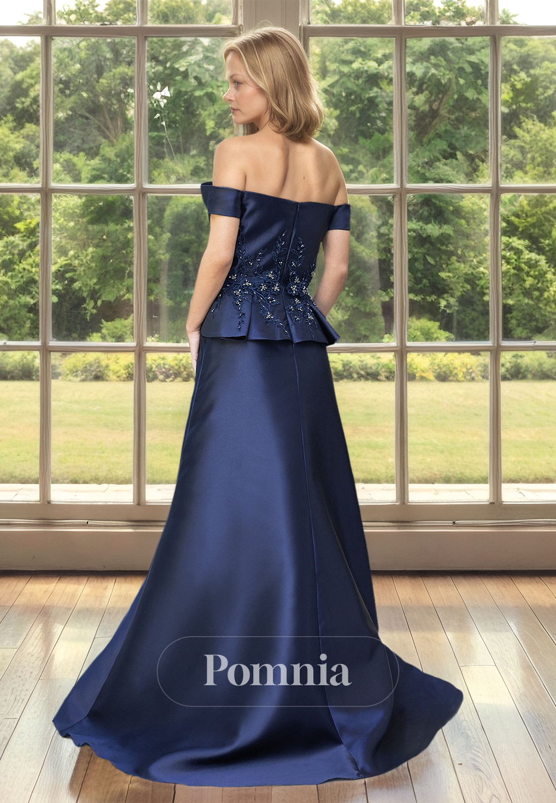 Off-Shoulder Floor-Length Empire-Waist Satin Mother of the Bride Dress