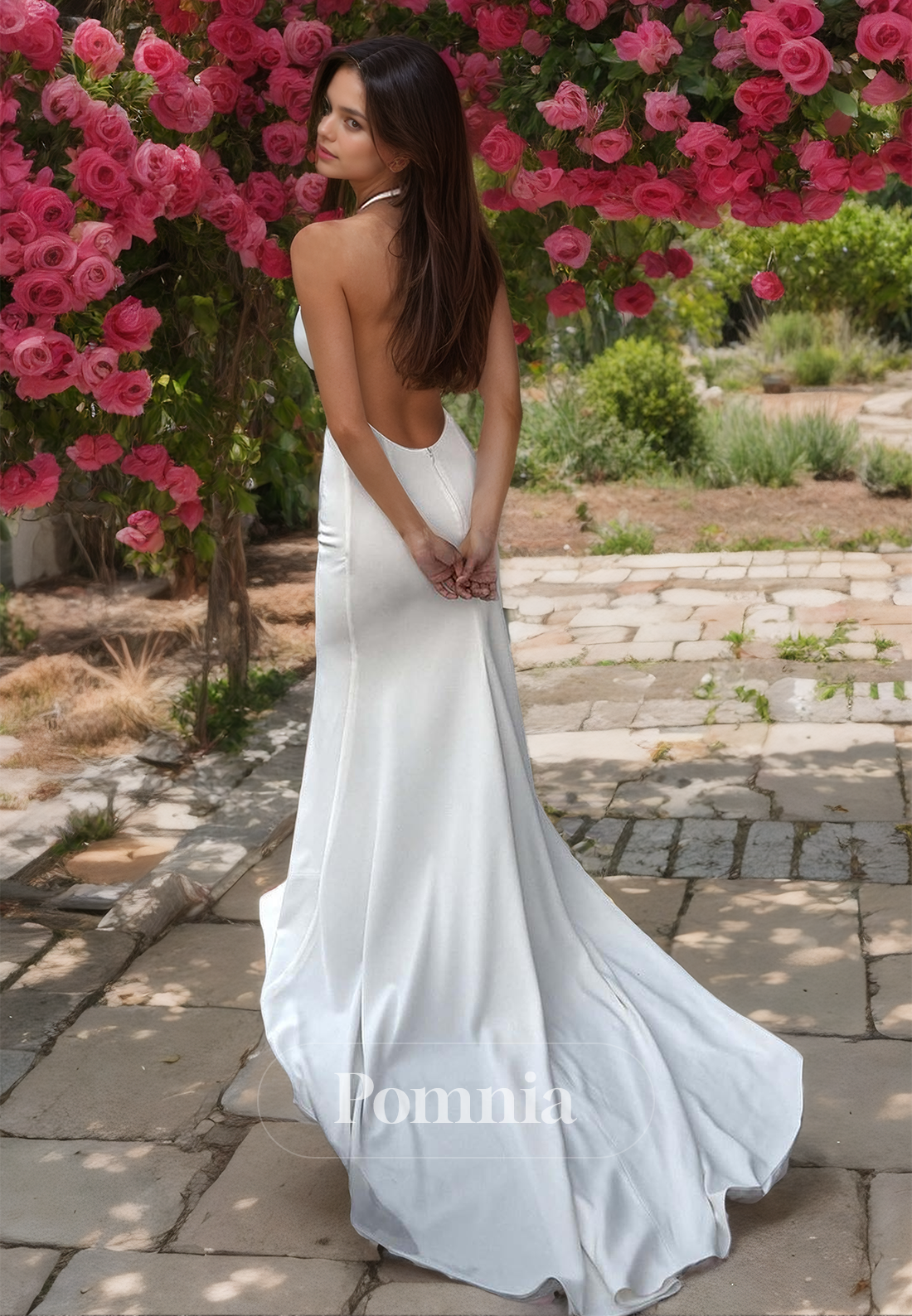 Halter Sleeveless Backless Sweep Train Satin Mermaid Wedding Dress