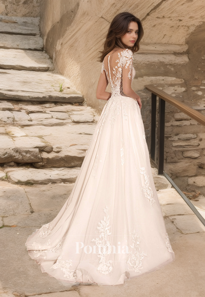 A-Line V-Neck Long Sleeves Illusion Appliques Corset Tulle Floor-Length Lace Wedding Dress