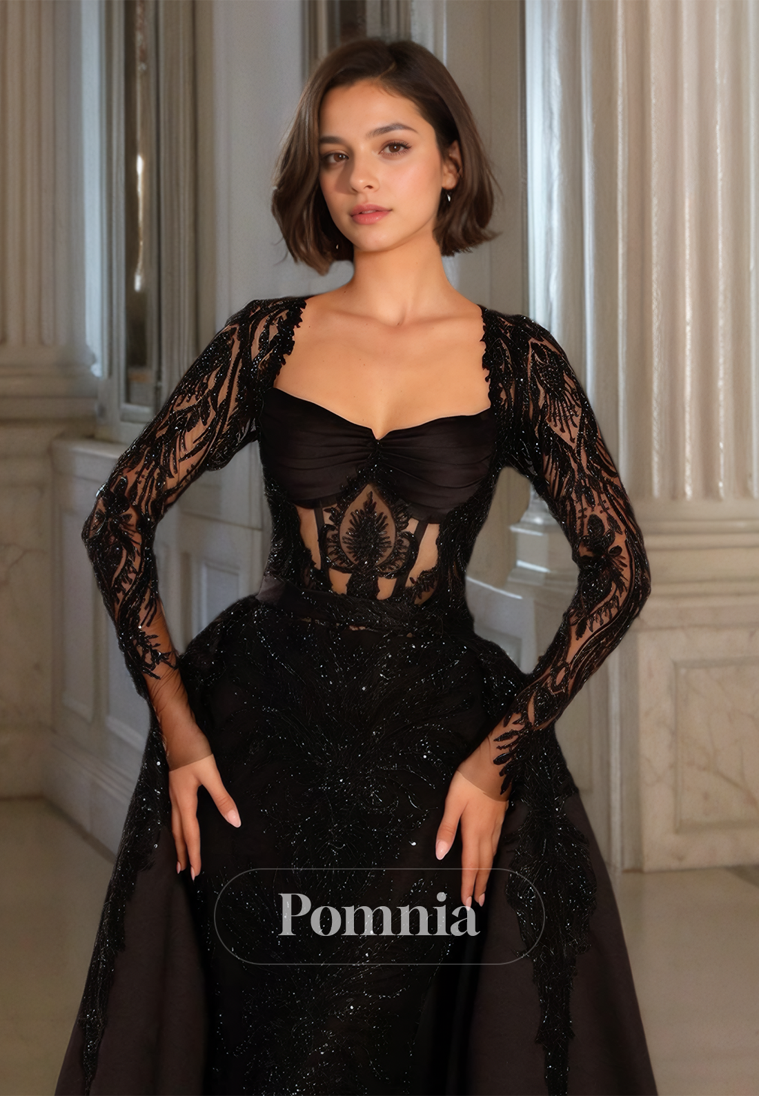 Black Square Lace Long Sleeves Prom Dress with Sequins Corset Tulle Evening Party Dress