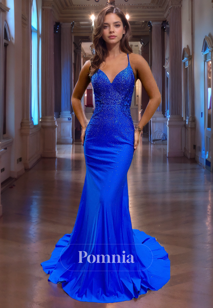 Spaghetti Straps V-Neck Sleeveless Mermaid/Trumpet Rhinestone Prom Dress