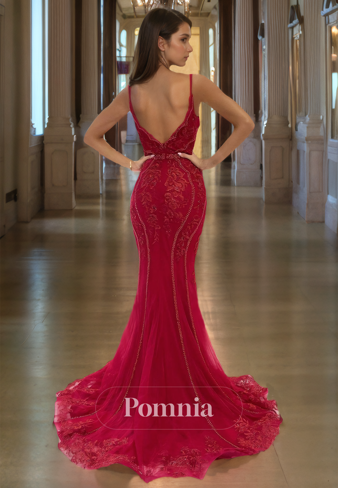 Red Spaghetti Straps V-Neck Prom Dress with Train Backless Evening Party Dress