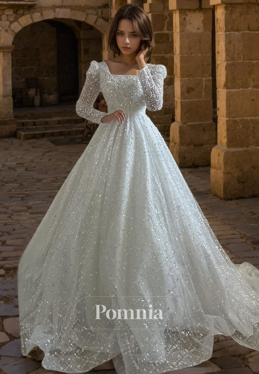 A-Line Square Long Sleeves Empire-Waist Glitter Long Beach Wedding Dress