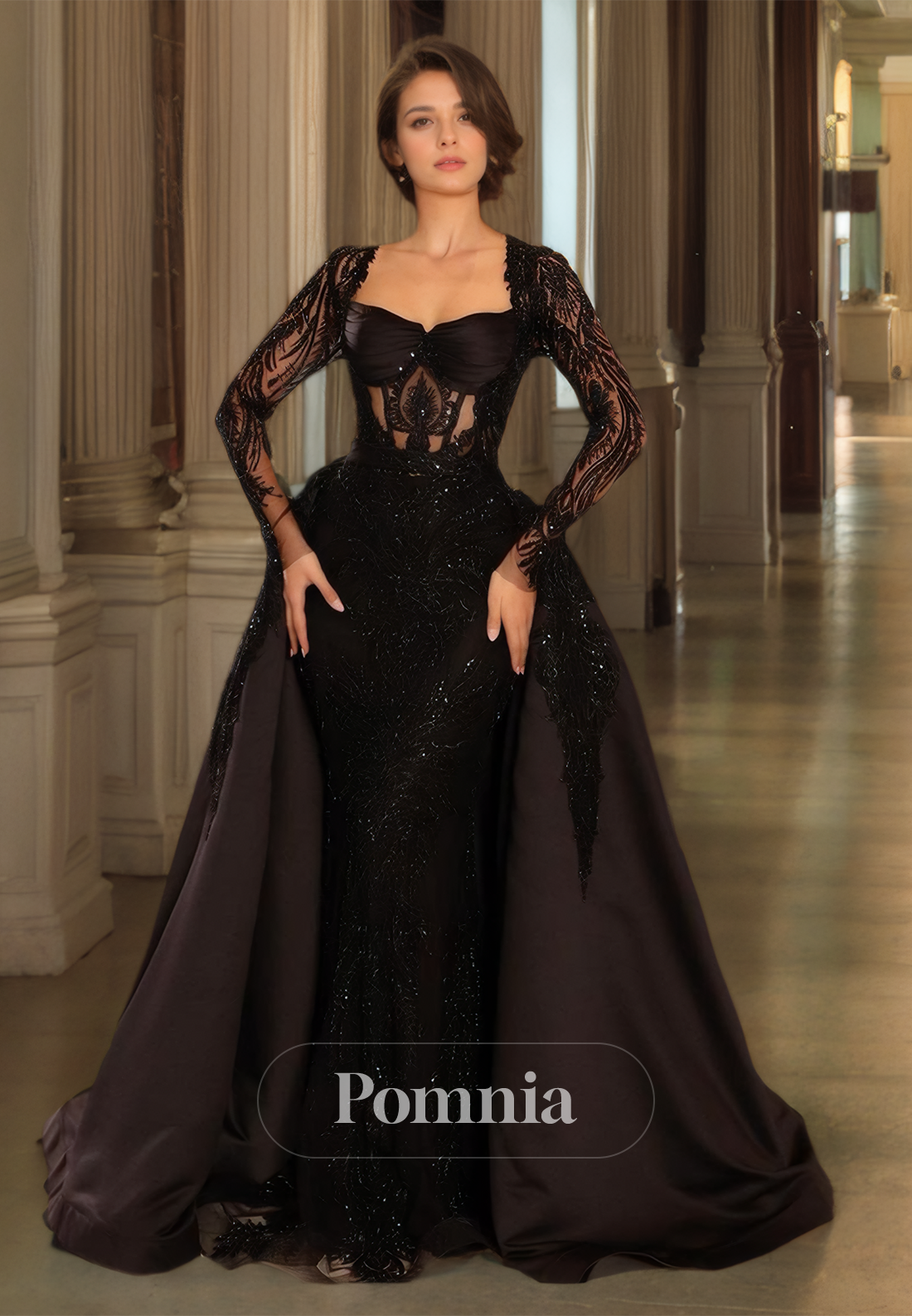 Black Square Lace Long Sleeves Prom Dress with Sequins Corset Tulle Evening Party Dress