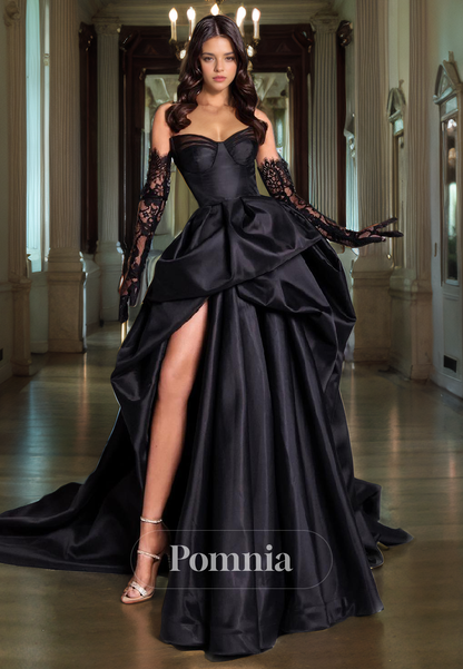 A-Line Empire-Waist Off-Shoulder High Slit Ruched Satin Long Prom Dress