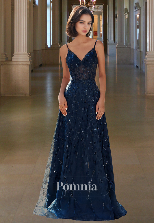 Dark Navy Spaghetti Straps V-Neck Prom Dress with Appliques Corset Evening Party Dress