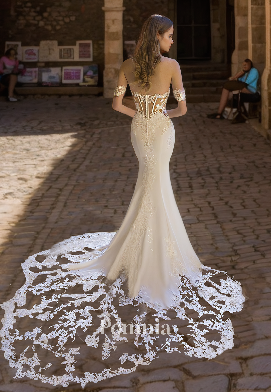 Elegant Off-Shoulder Lace Corset Tulle Court Train Satin Wedding Dress