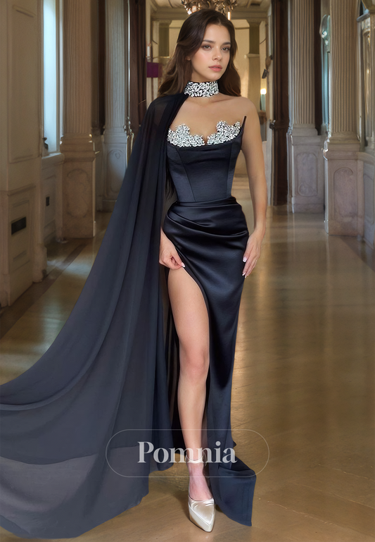 Black Halter Ruched Prom Dress with Slit Sequins Evening Party Dress