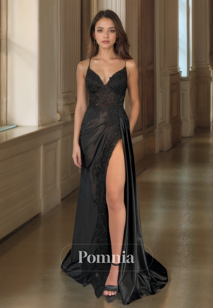 Black Spaghetti Straps V-Neck Prom Dress with Side Slit Ruched Evening Party Dress