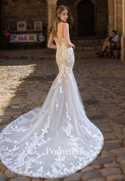 Spaghetti Straps V-Neck Floral Appliques Backless Lace Wedding Dress