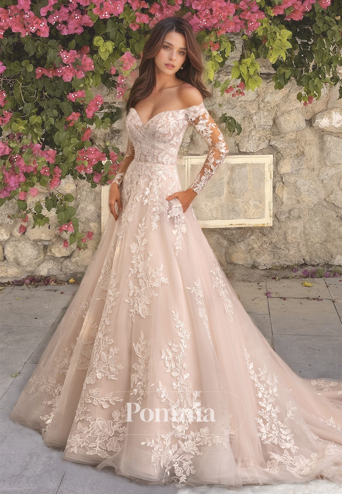 A-Line Off-Shoulder Floral Lace Appliques Long Sleeves Court Train Beach Wedding Dress