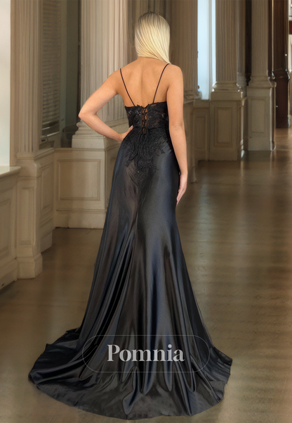 Black Spaghetti Straps V-Neck Prom Dress with Side Slit Ruched Evening Party Dress