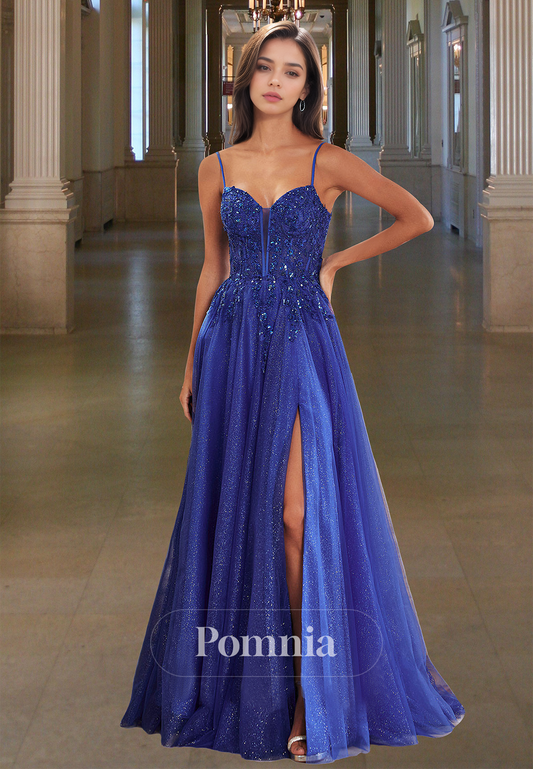 Royal Blue Spaghetti Straps Sweetheart Prom Dress with Slit Sequins Evening Party Dress