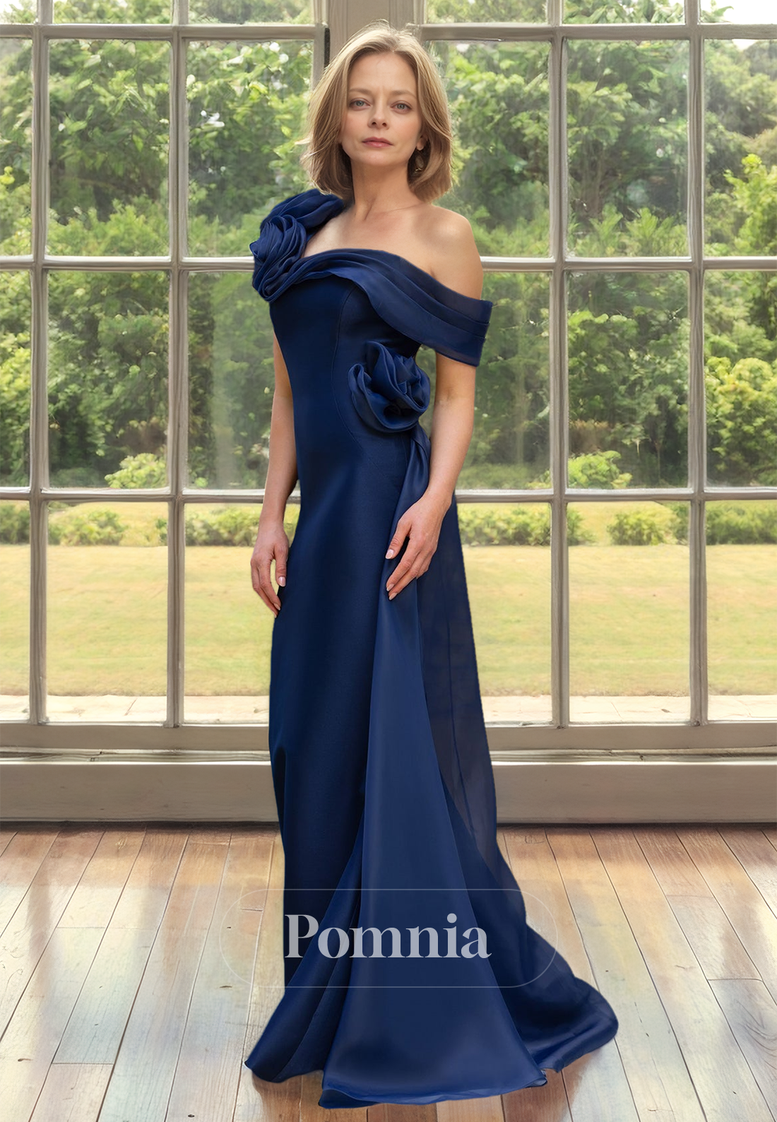 Dark Navy One Shoulder Sheath Satin Mother of the Bride Dress