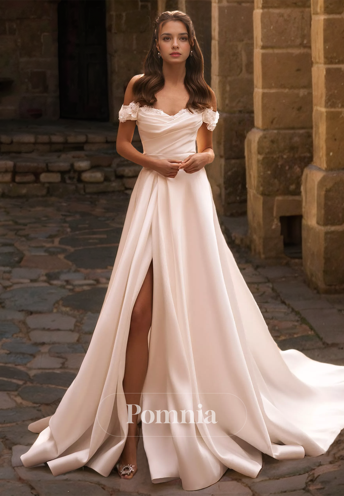 A-Line Off-Shoulder Slit Empire-Waist Ruched Satin Wedding Dress