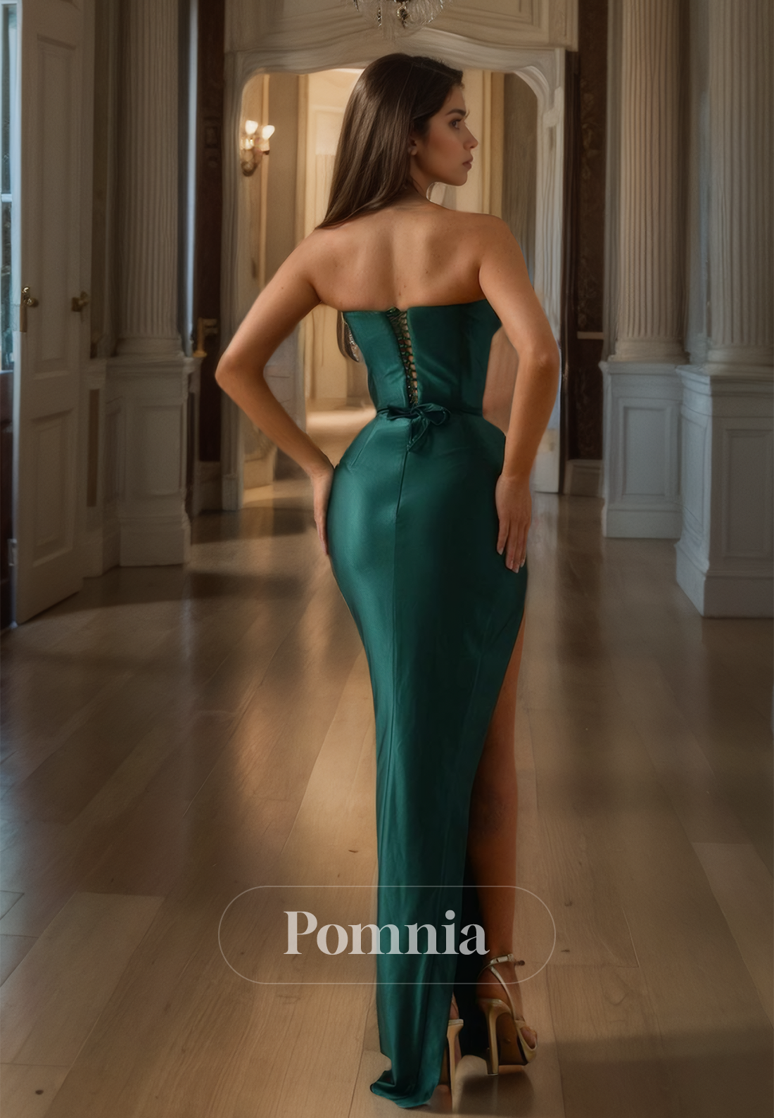 Dark Green Sleeveless V-Neck Mermaid  Prom Dress with Slit Lace-Up Back Evening Party Dress