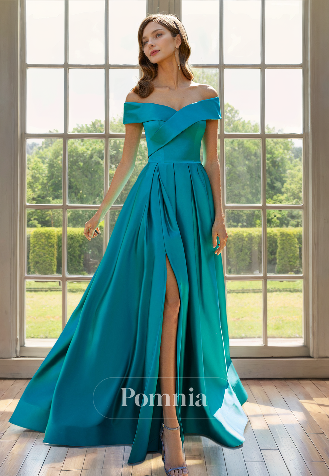 Off-Shoulder Empire-Waist Cap Sleeves Side Slit Pleated Long Mother of Bride Dress